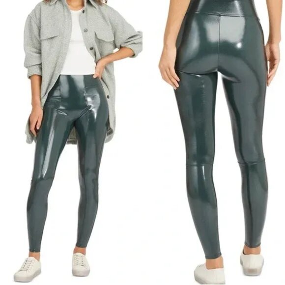 NWT SPANXshape Faux Leather Patent Leggings Green Size Large - Picture 1 of 8